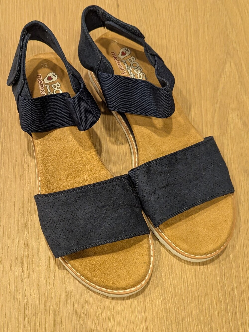 BOBS from Skechers Navy and Tan Women's Elastic Strap Sandals